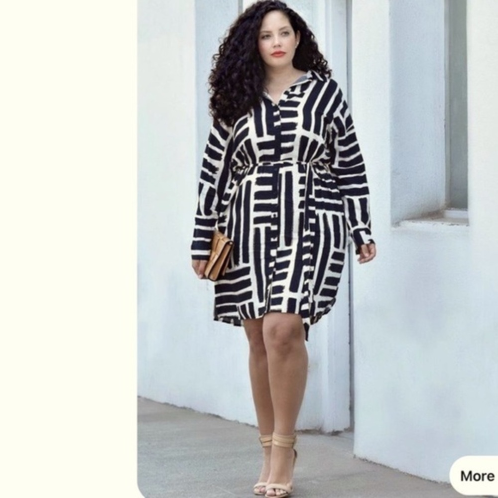Capsule Black Sleeve Button Down White Long Geometric Print Shirt Dress 24
